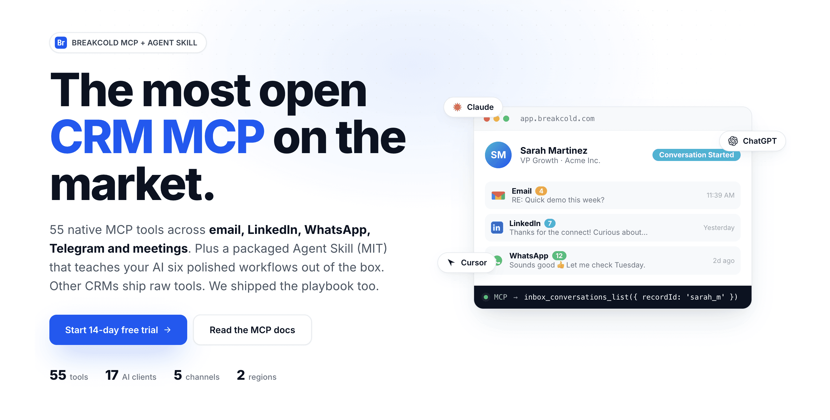 Breakcold MCP server for AI Native CRM