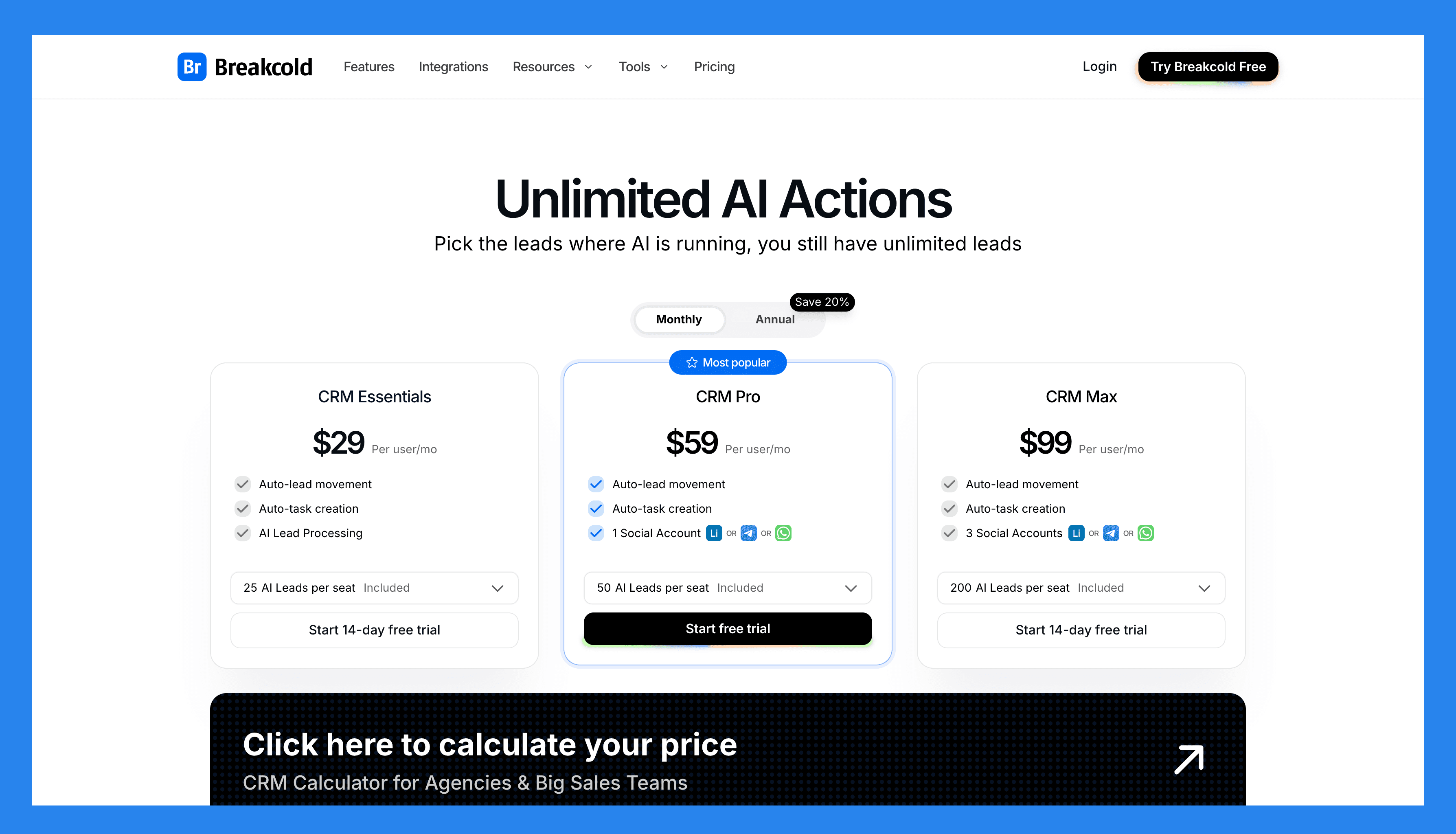Breakcold pricing: $59 a month baseline with sliders for seats, accounts and AI actions