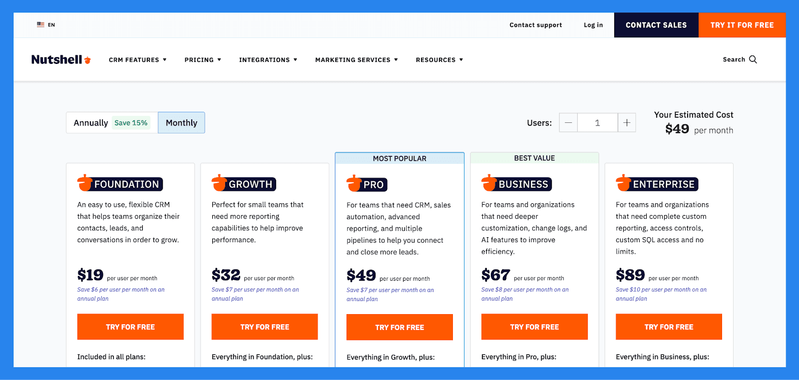 Nutshell CRM Pricing Plans