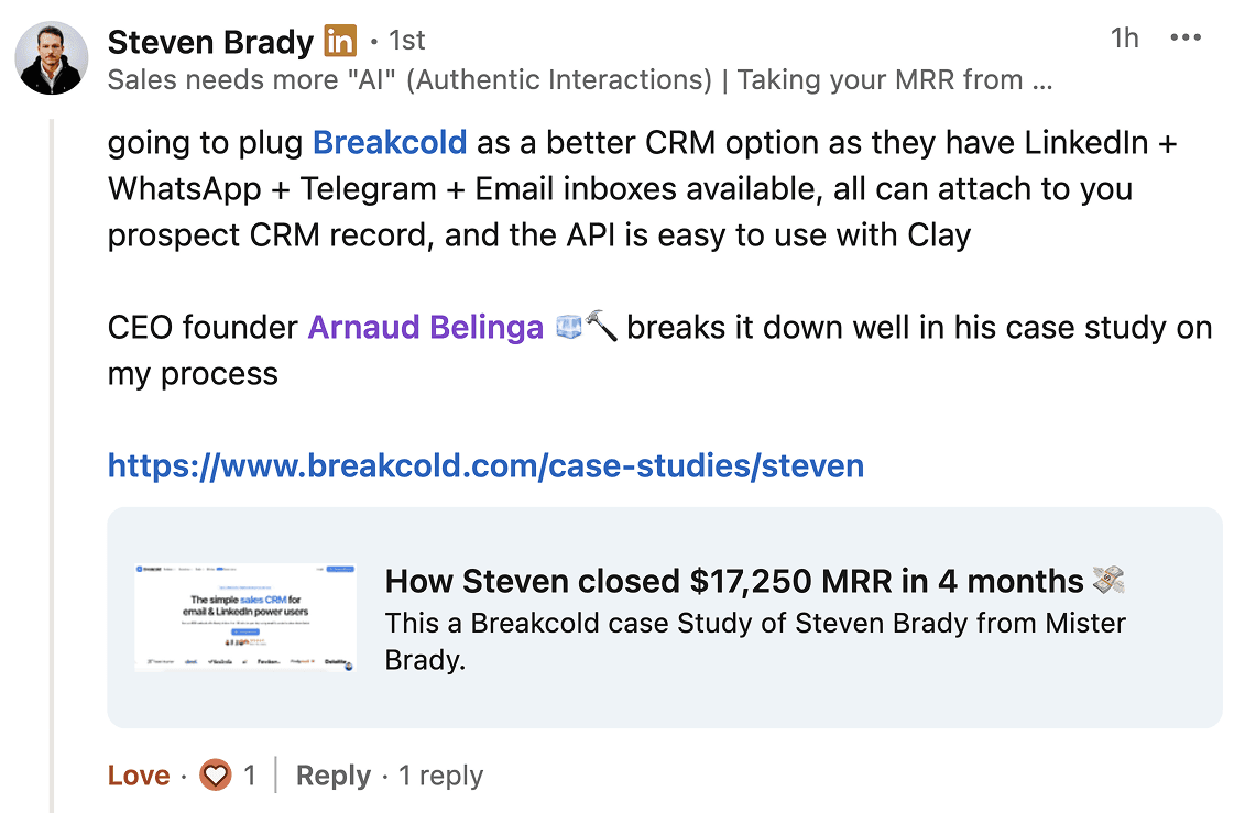 Breakcold CRM unified inbox showing multichannel prospect conversations and pipeline