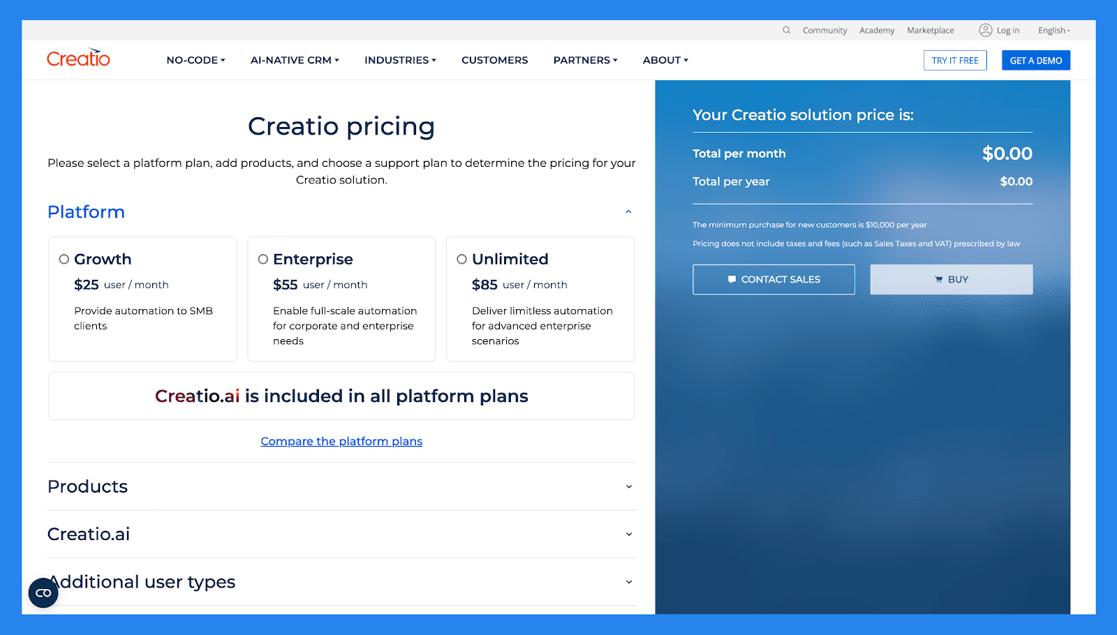 Creatio Pricing Plan