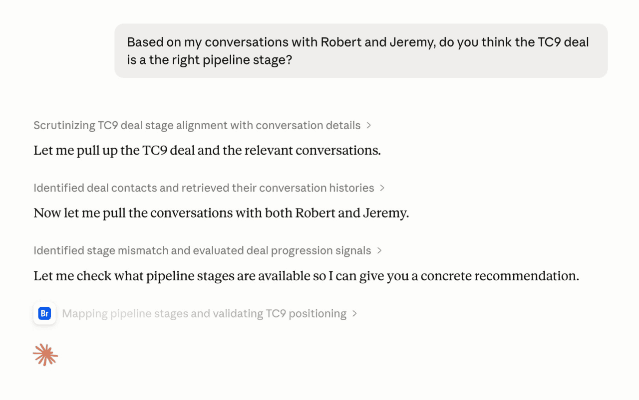 Real Claude conversation via Breakcold MCP: user asks if the TC9 deal is at the right pipeline stage based on conversations with Robert and Jeremy. Claude's visible thinking steps show it scrutinizing the deal, retrieving conversation histories, identifying stage mismatch, and mapping pipeline stages